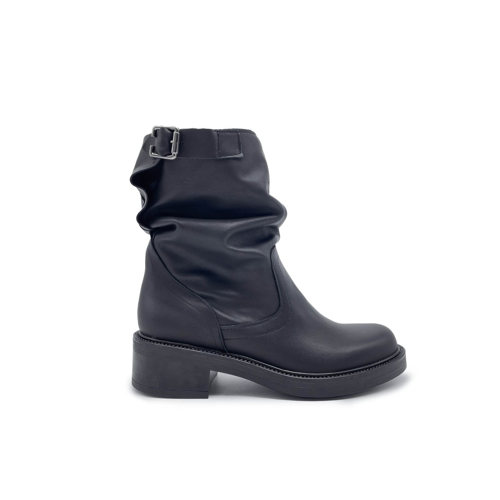 Art. 811 BOTTE BIKER EN CUIR VÉRITABLE NOIRE AVEC FRONCÉ ET BOUCLE